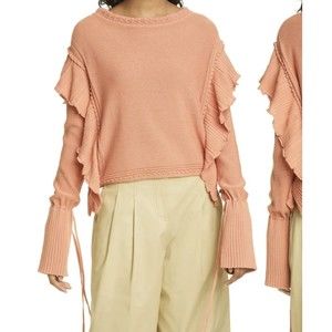 NWT REBECCA TAYLOR Pointelle Quilt Ruffle Tie Sleeve Sweater Terra Sz L NWT